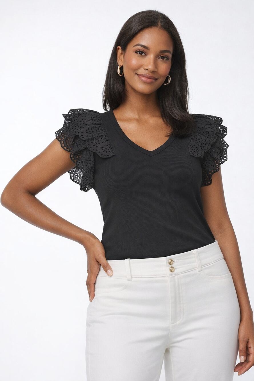 Chicos V Neck Ribbed Eyelet Flutter Sleeve Tee Shirt Womens XXL Size 4 New Black